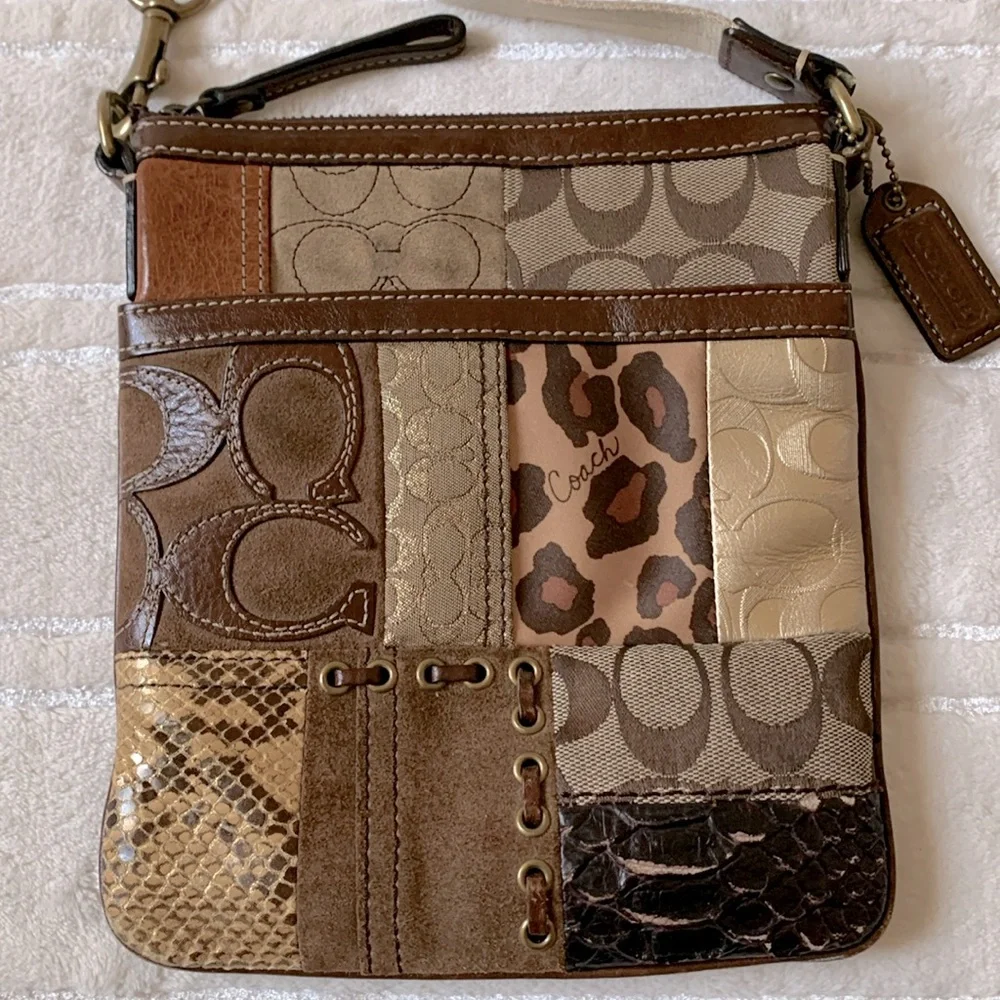 Coach Animal Print Patchwork Shoulder Crossbody Bag with Adjustable Strap